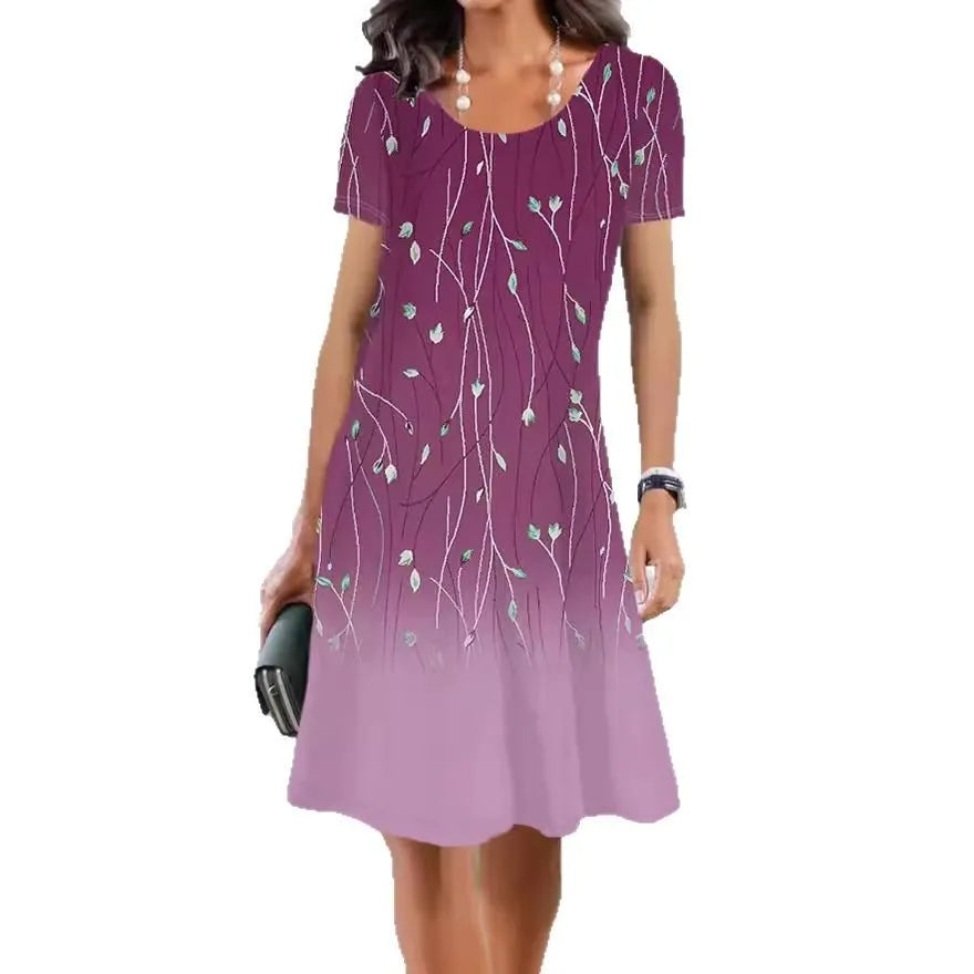 Women's floral print midi dress in ice silk fabric on a hanger, showing A-line shape and short sleeves.