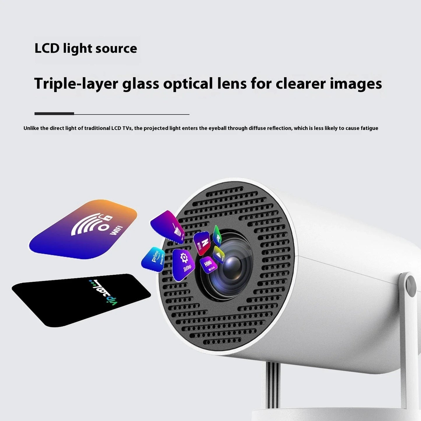 Compact, versatile home theater projector with 180-degree rotation, automatic keystone correction, and wireless connectivity for an immersive entertainment experience.