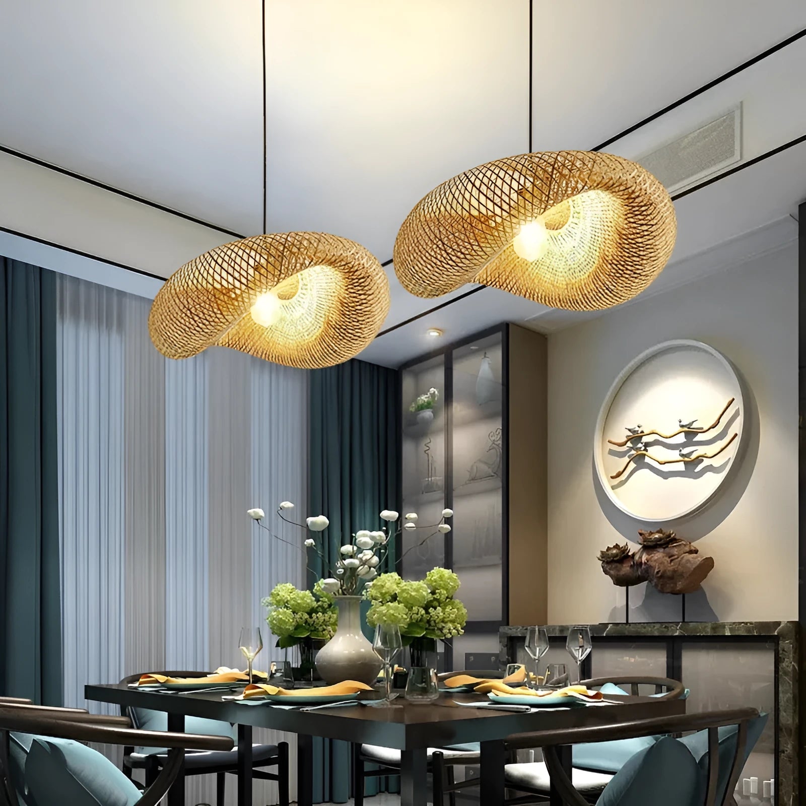 Straw hat-shaped bamboo hanging lamp with natural woven rattan construction