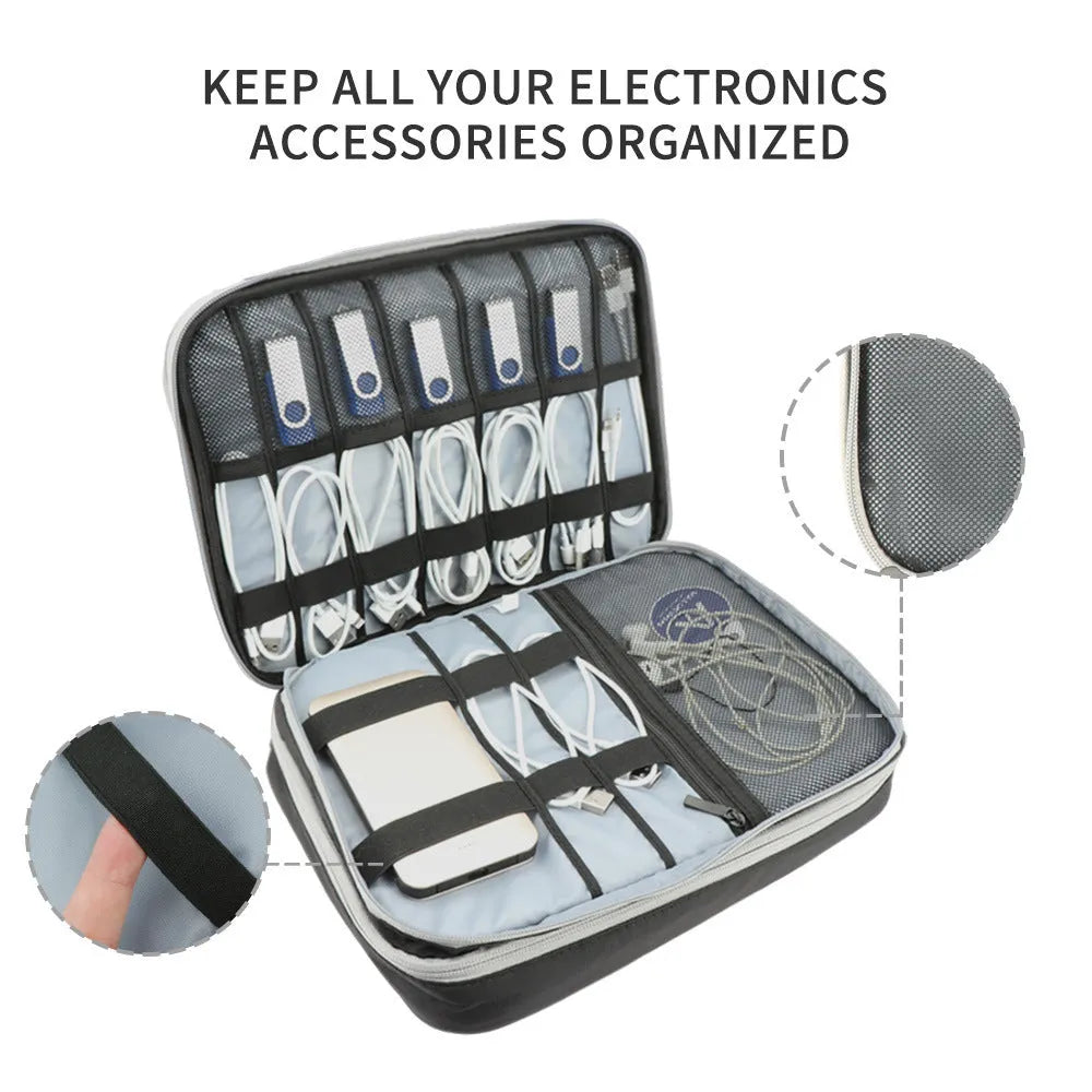 Black three-layer travel storage bag with waterproof polyester construction and sewing line detailing