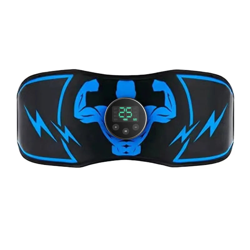 Blue rechargeable EMS abdominal stimulation belt with wireless remote control and arm stickers.
