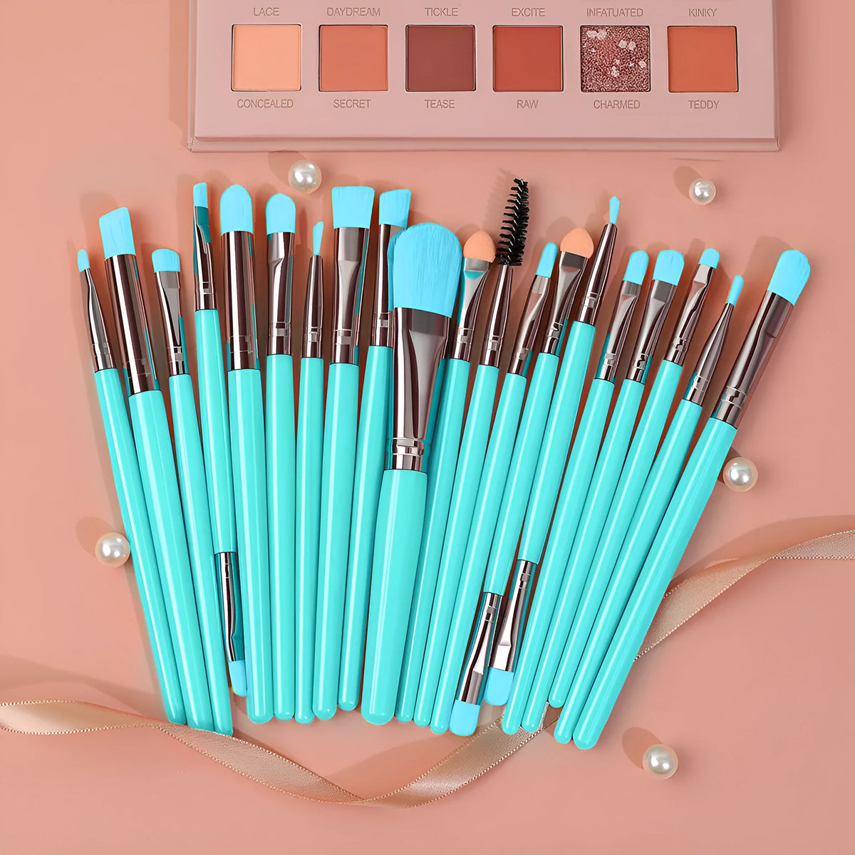 20-piece fluorescent makeup brush set with plastic handles and nylon wool bristles in OPP bag