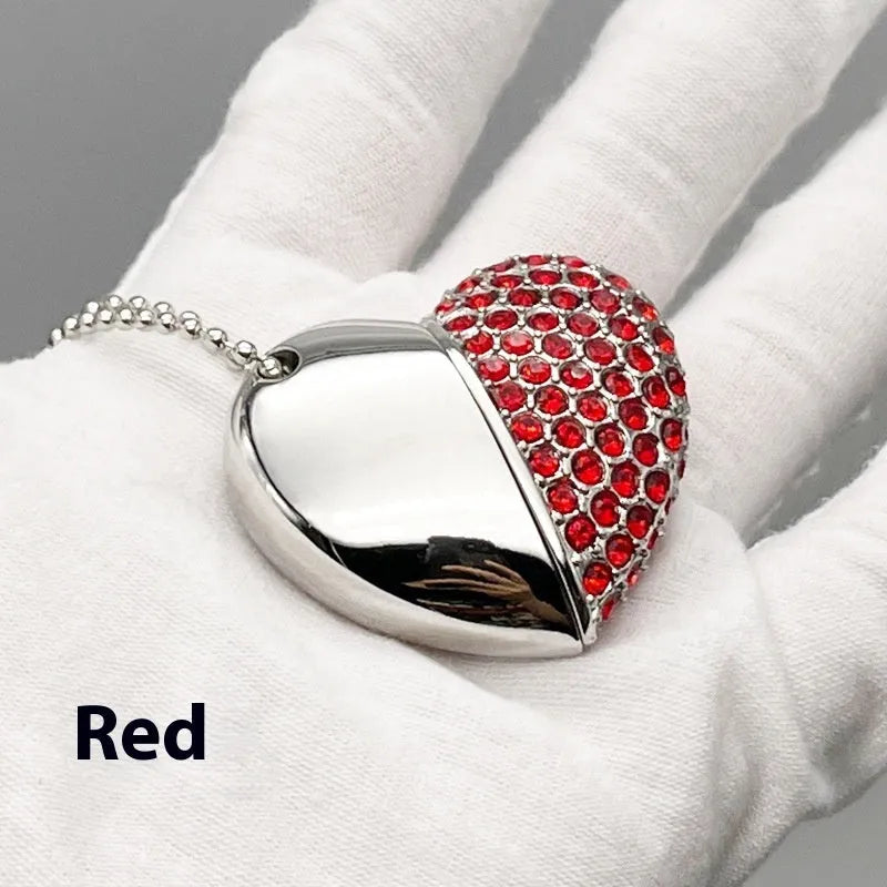 Heart-shaped metal USB flash drive with a brick pattern design, showing front and side views.