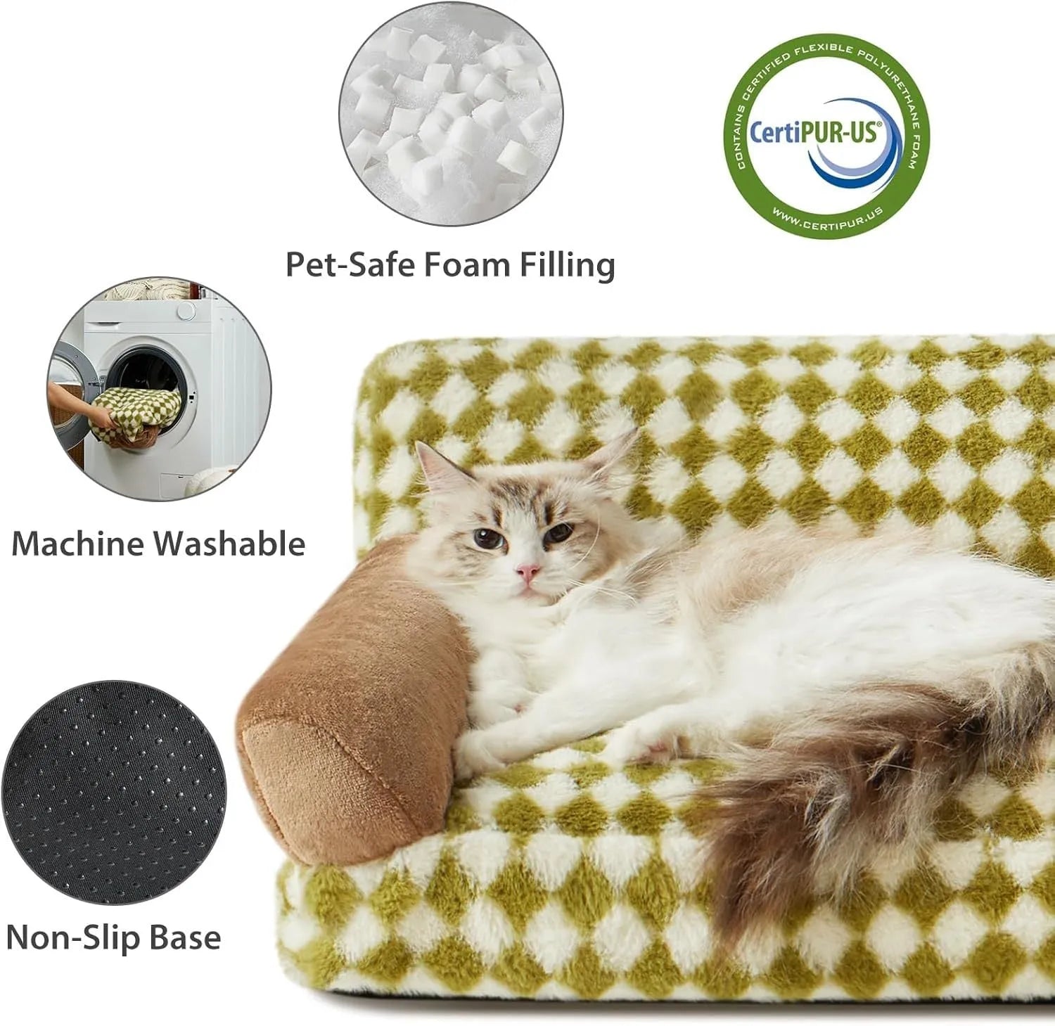 Checkered pattern pet sofa bed for a cat, showing removable cover and non-slip bottom.