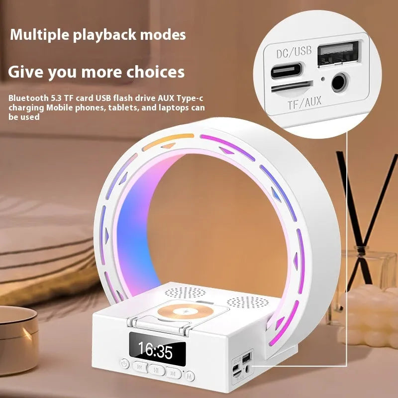 White multifunction bedside unit with wireless charging pad, Bluetooth speaker, digital clock display, and adjustable lighting
