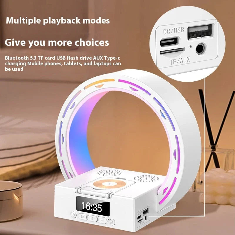 4-in-1 Wireless Bluetooth Speaker with Charging Pad and Alarm Clock in white and black