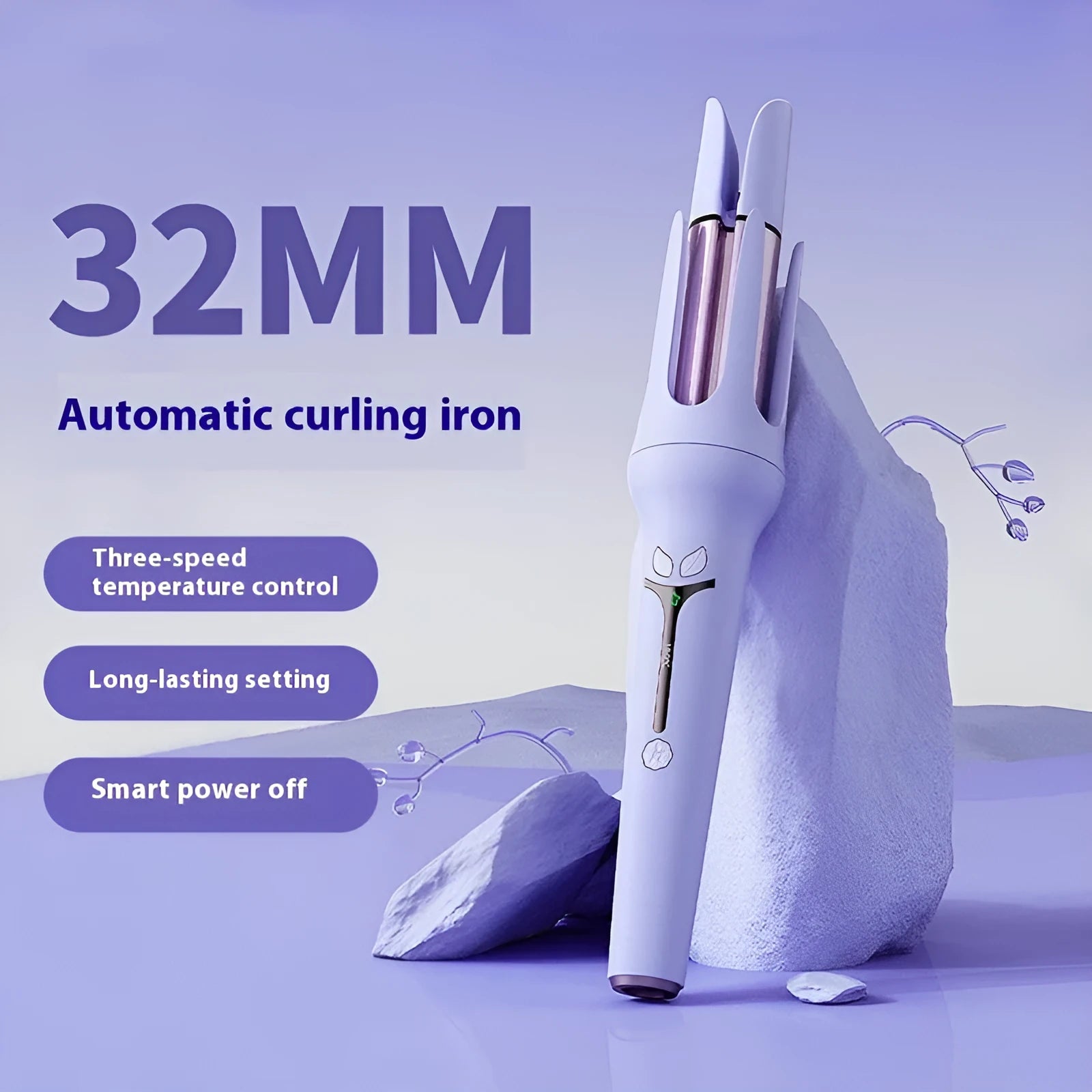 Light purple and pink 32mm automatic hair curler with anion technology and styling clips.
