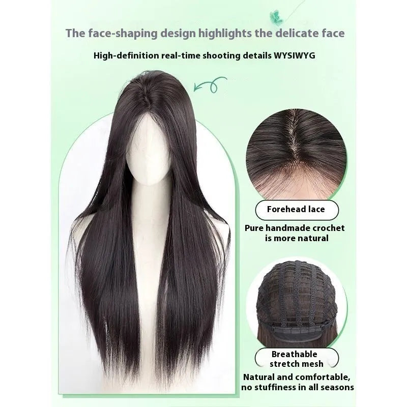 Female full-head wig with forehead lace in brown black colour showing fluffy high-temperature fibre texture
