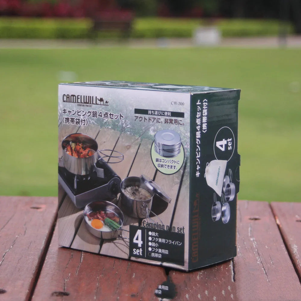Silver stainless steel camping cookware pot set with 4 pieces including pot and pan for outdoor cooking