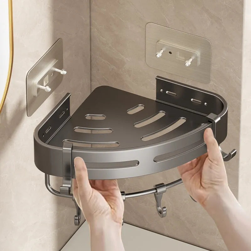 Gun gray triangle bathroom storage rack mounted in corner with punch-free installation