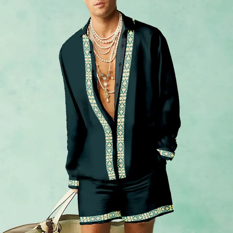 Men's slim fit long sleeve shirt and matching shorts casual summer set in polyester.