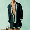 Men's slim fit long sleeve shirt and matching shorts casual summer set in polyester.
