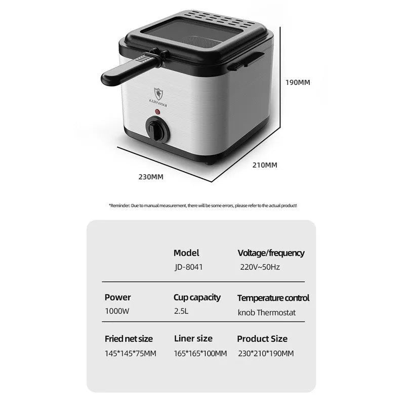 Silver electric air fryer with stainless steel body and a removable rectangular frying basket.