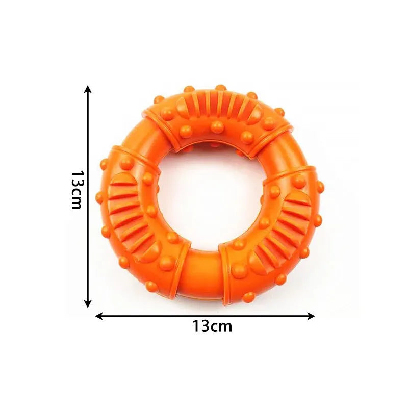 Blue, orange, and red bouncy hollow dog fetching stick toy for chewers and fetch games.