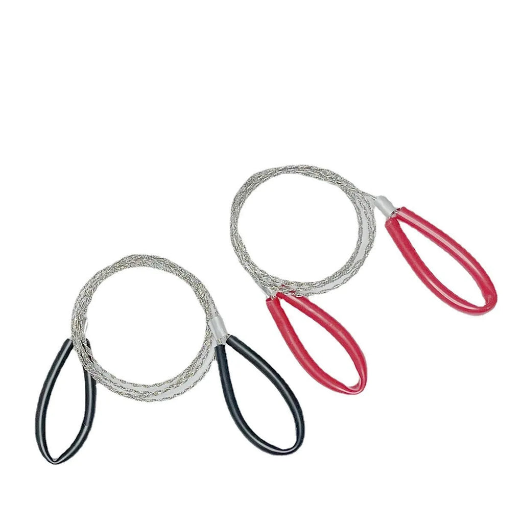 Outdoor survival wire saw with a stainless steel wire coil presented next to a small black leather carry case.