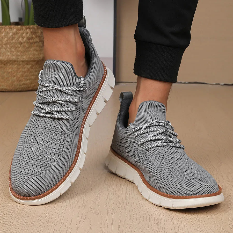 Men's grey and black mesh fabric casual sneakers with round toe and low heel