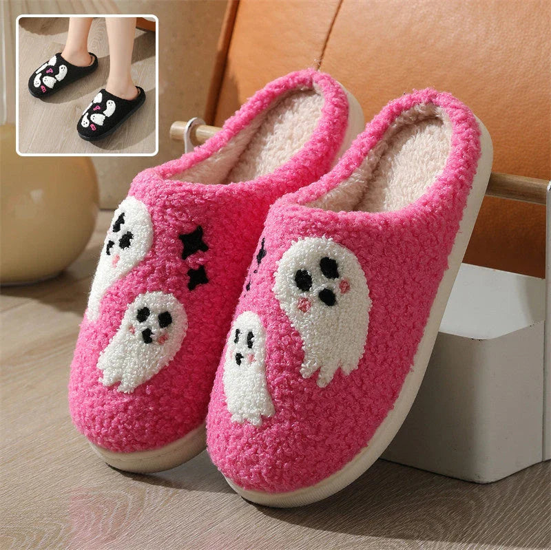 Cozy Halloween cartoon ghost slippers with soft cotton construction and non-slip soles for indoor wear