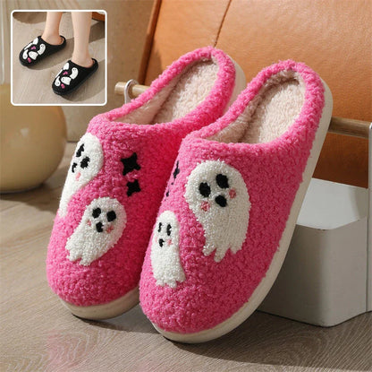 Cozy Halloween cartoon ghost slippers with soft cotton construction and non-slip soles for indoor wear