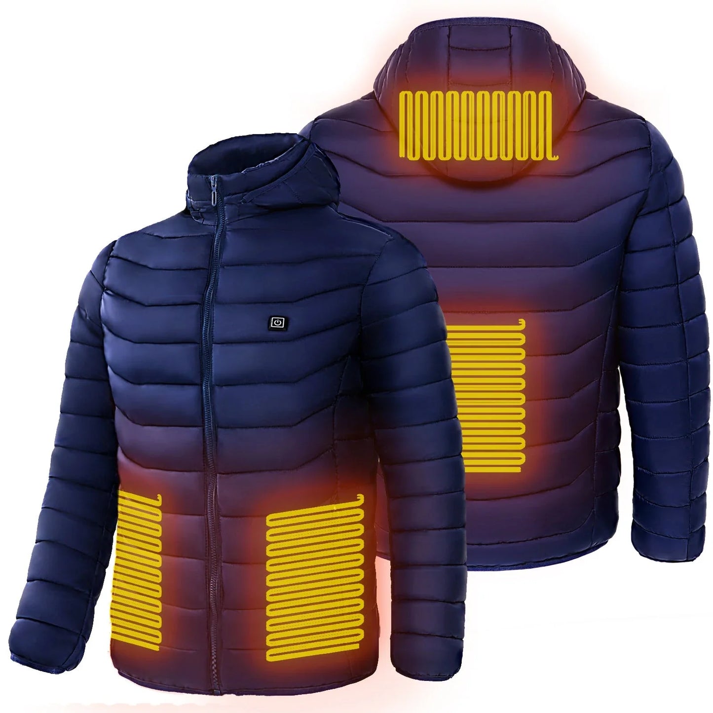 Heated puffer jacket with 9 heating zones, adjustable hood, and insulation for skiing in cold weather