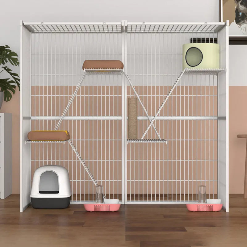 White three-layer indoor cat cage with iron frame, 142x54x130cm, for cats