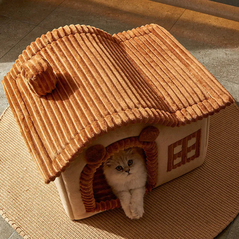 Enclosed PP cotton cat litter box in grey, styled as a warm villa, with open front entry