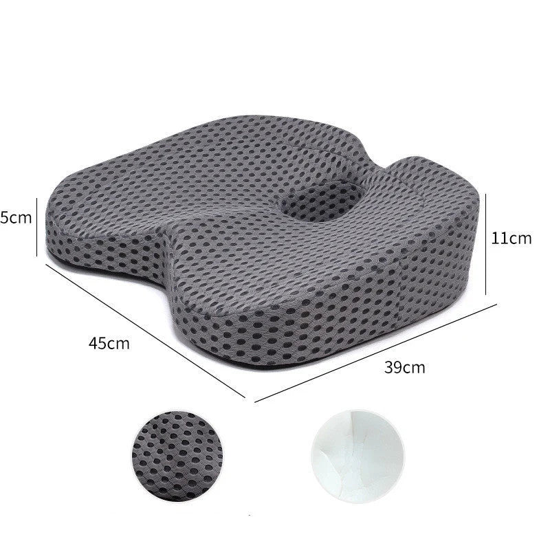 Slow Rebound Memory Foam Car Seat Cushion in white and grey, featuring breathable corrugated mesh fabric