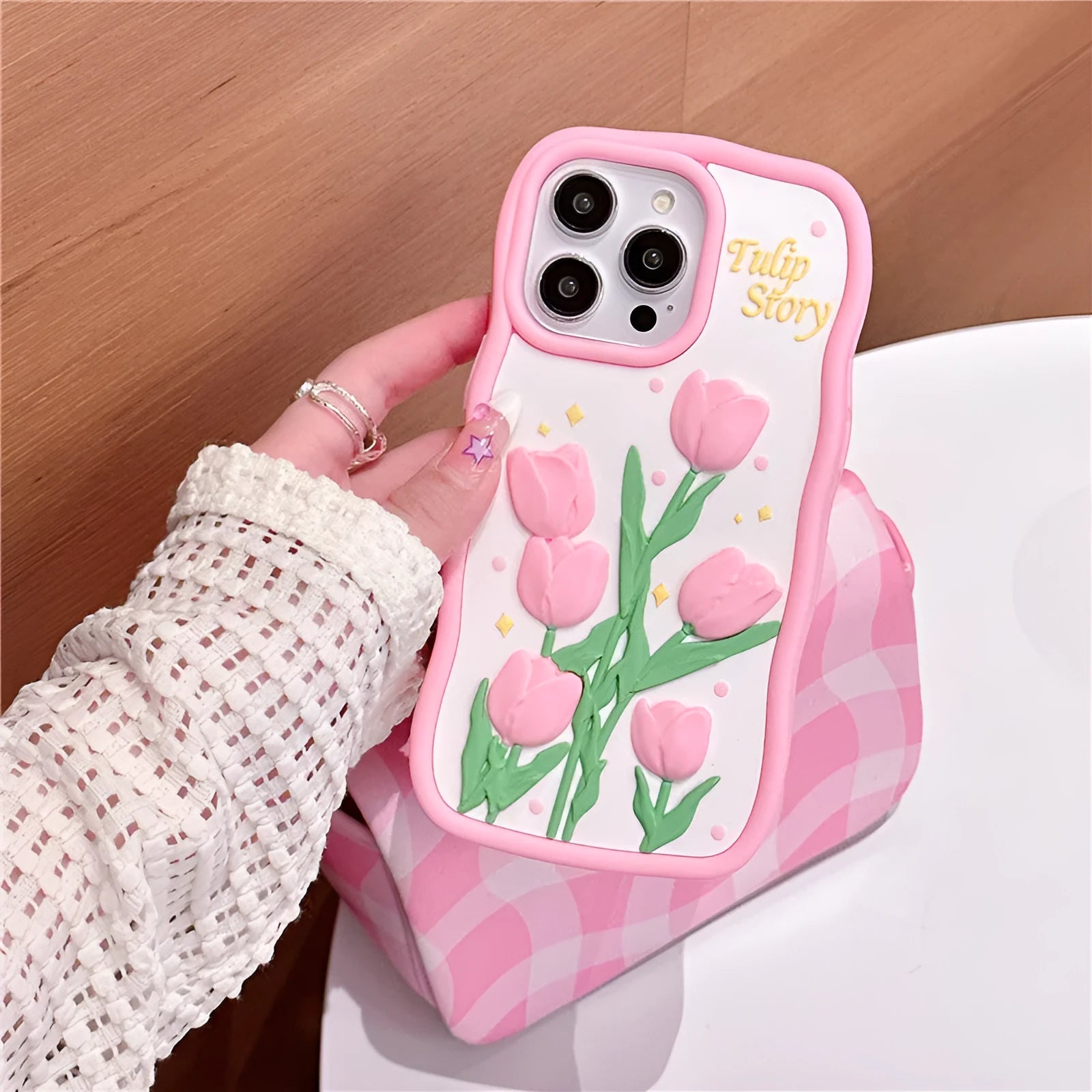3D tulip silicone phone case for iPhone with frosted finish and raised floral design, pink colour