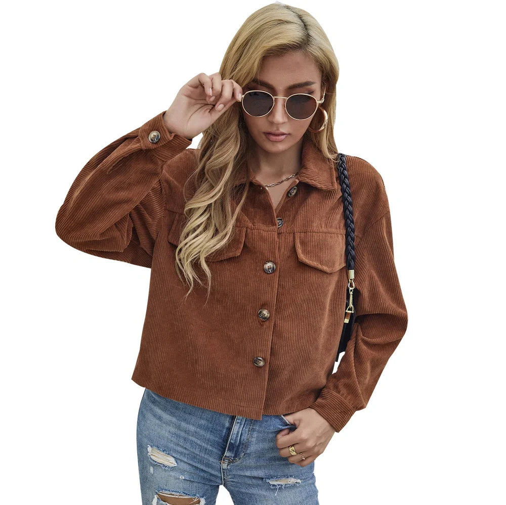 Women's brown corduroy slim coat with long sleeves and street hipster styling