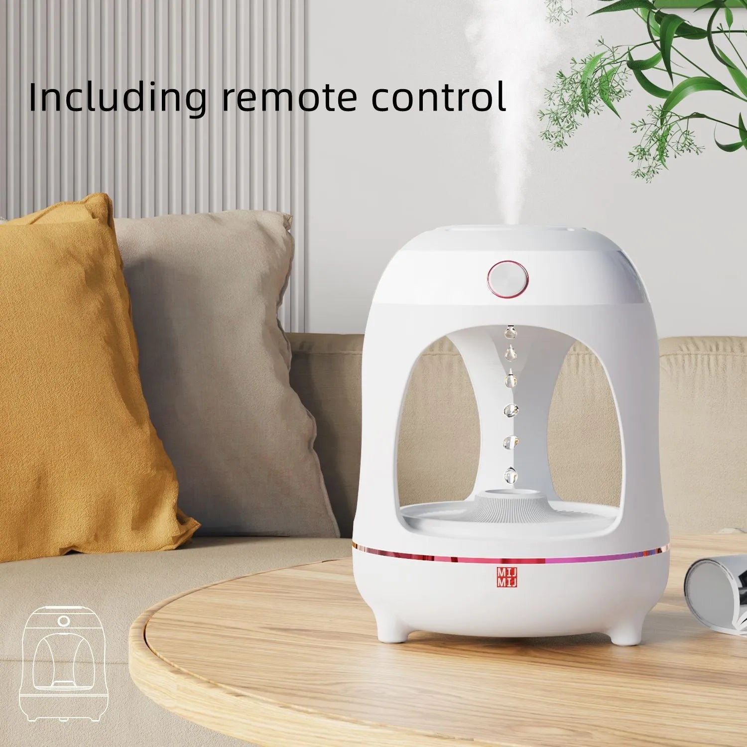 Rose gold and white columnar humidifier with levitating water drops and LED glow on a desk