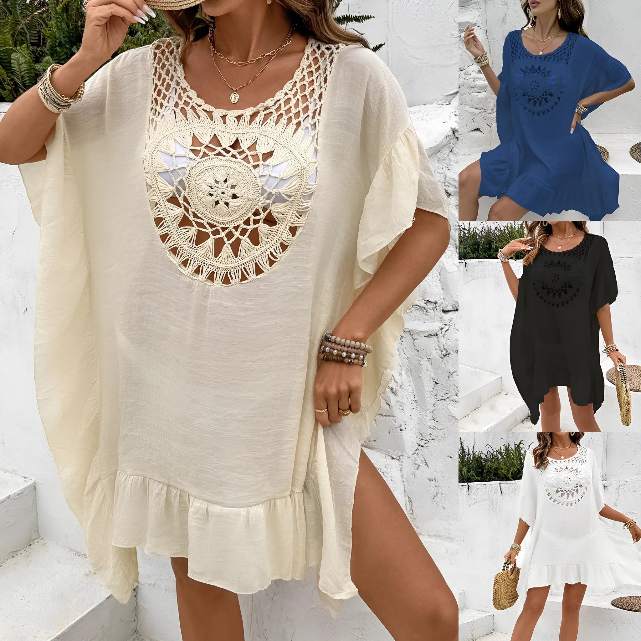 Crochet stitch tassel dress swimsuit cover-up in apricot colour, showing patchwork skirt design.