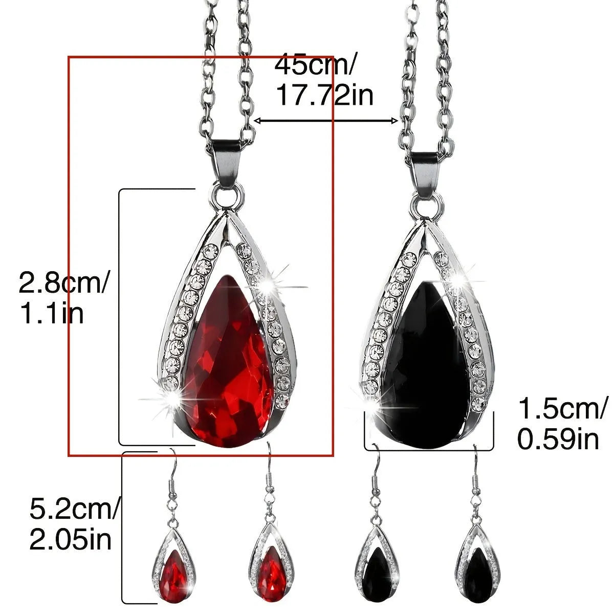Black and red teardrop glass pendant alloy necklace and earrings jewellery set