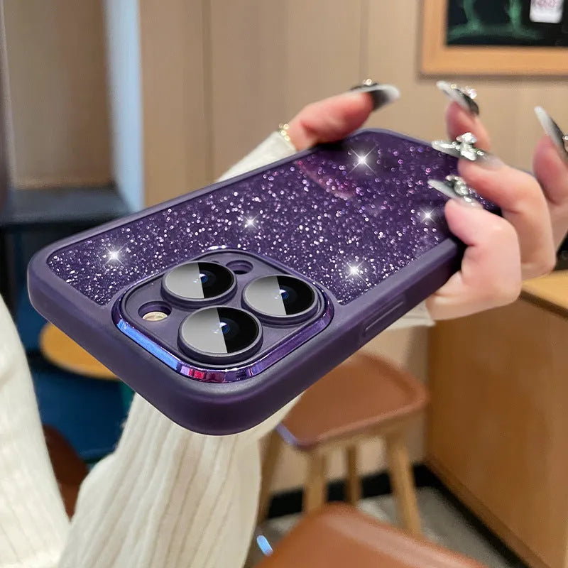 Ultra-thin transparent glitter phone case for iPhone with magnetic suction and multi-colour gradient finish.