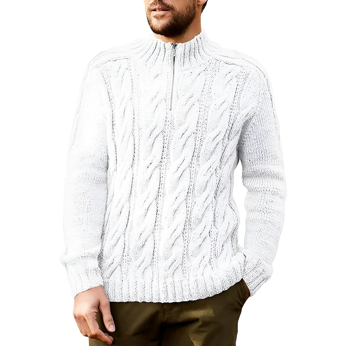 Men's solid colour half high neck long sleeve acrylic knit sweater in navy blue on display
