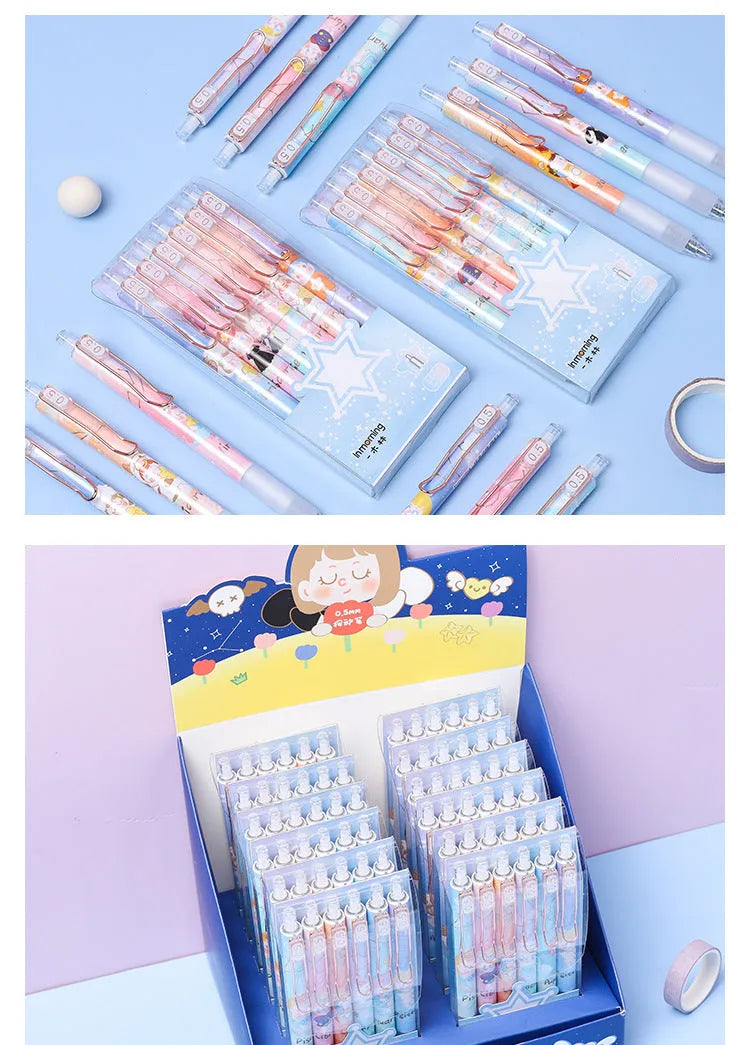 Six constellation-themed 0.5mm press gel pens with zodiac designs in plastic shells