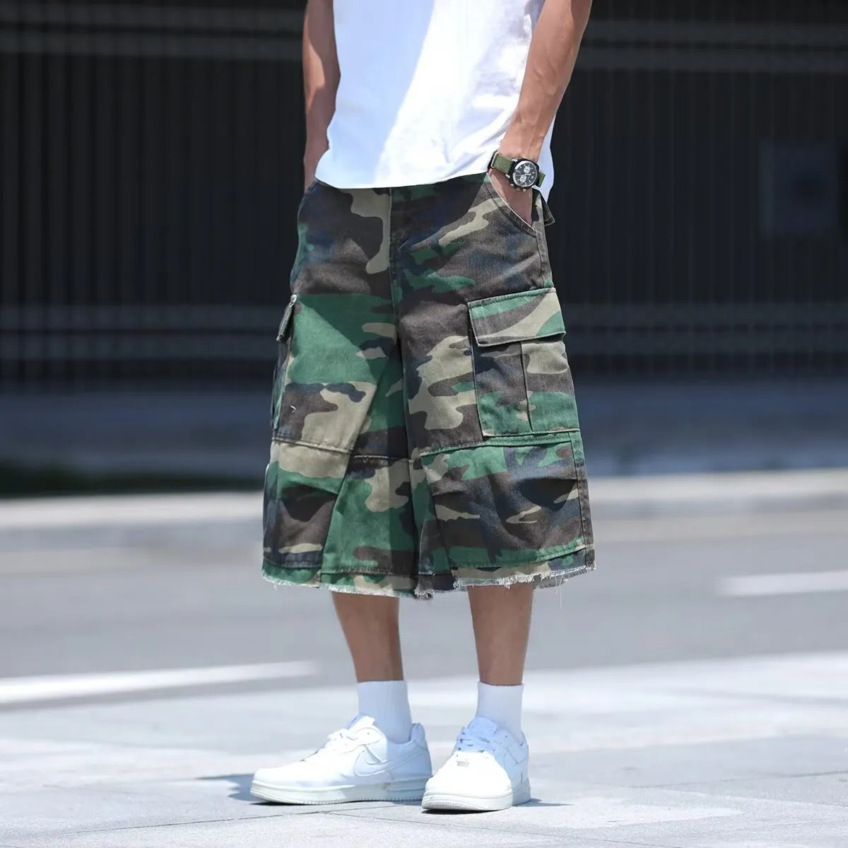 American retro workwear style cotton camouflage shorts in loose fit with cropped length