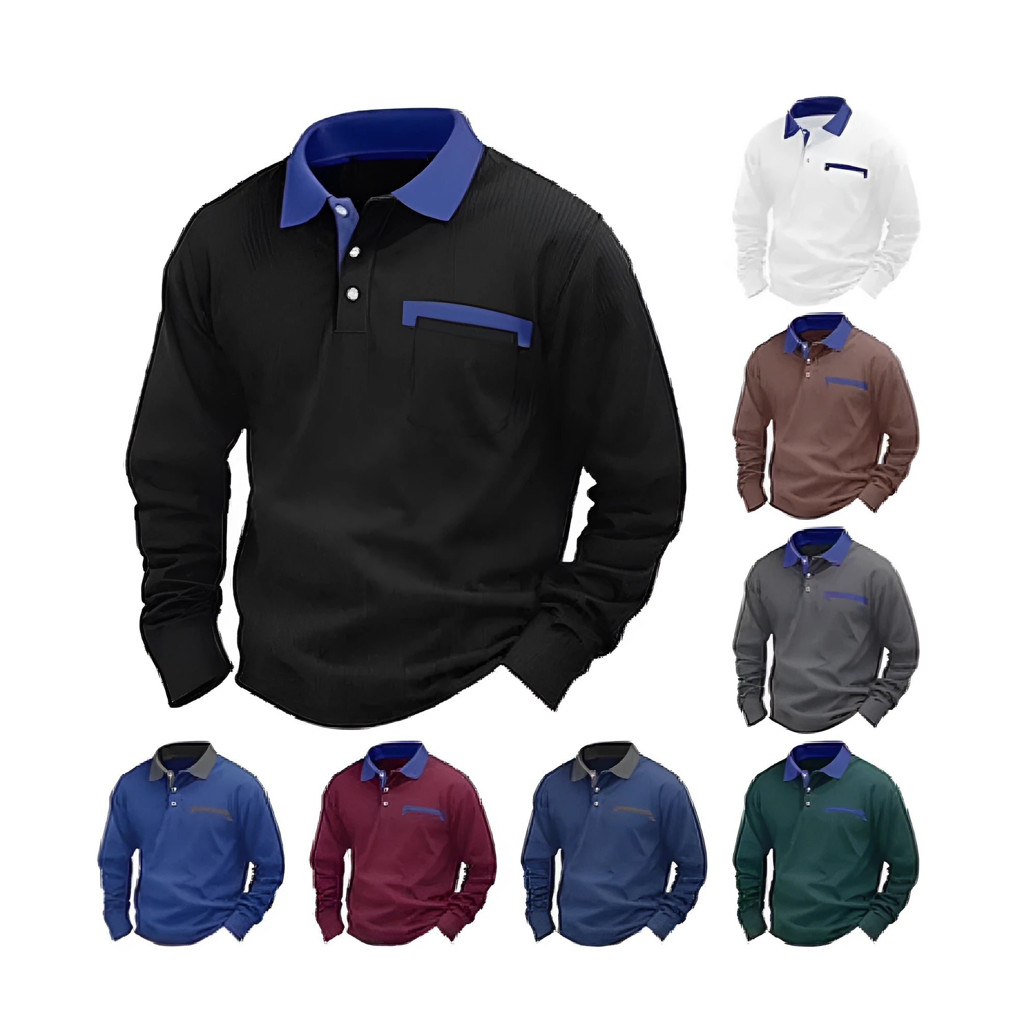 Man wearing a loose-fit long-sleeved waffle-texture polo shirt in a dark colour.