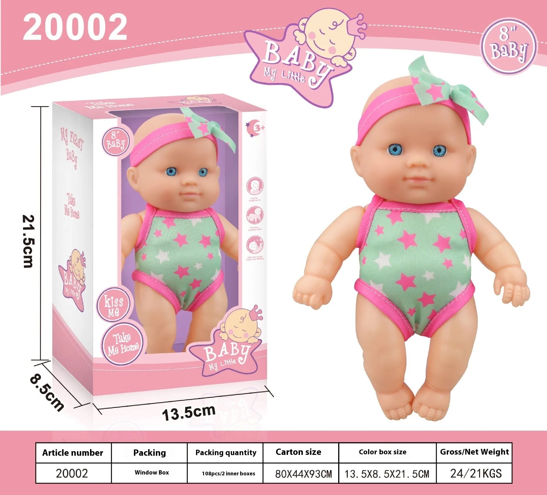 A detailed vinyl simulation baby figurine doll, showing its realistic features and proportions.