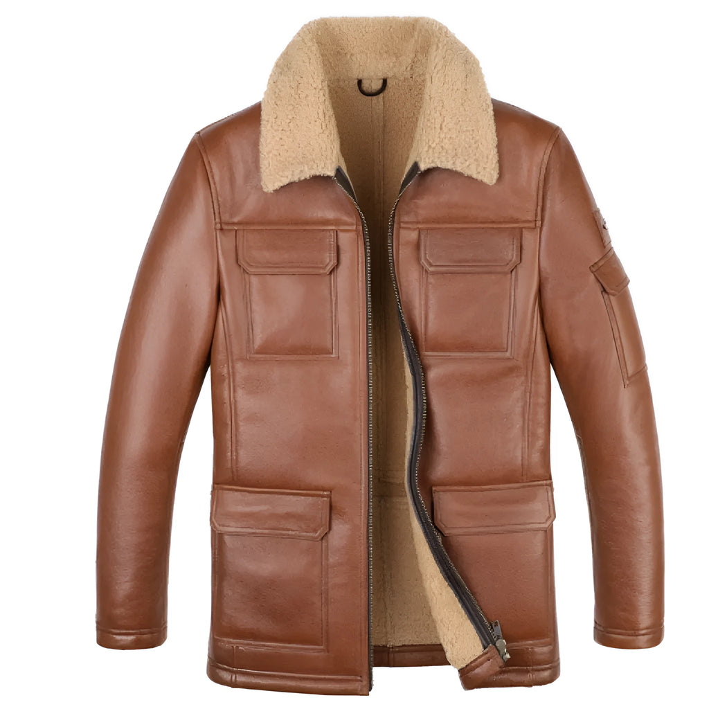 Champagne sheepskin trench coat with lapel collar and multiple pockets, slim fit midi length