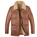 Champagne sheepskin trench coat with lapel collar and multiple pockets, slim fit midi length