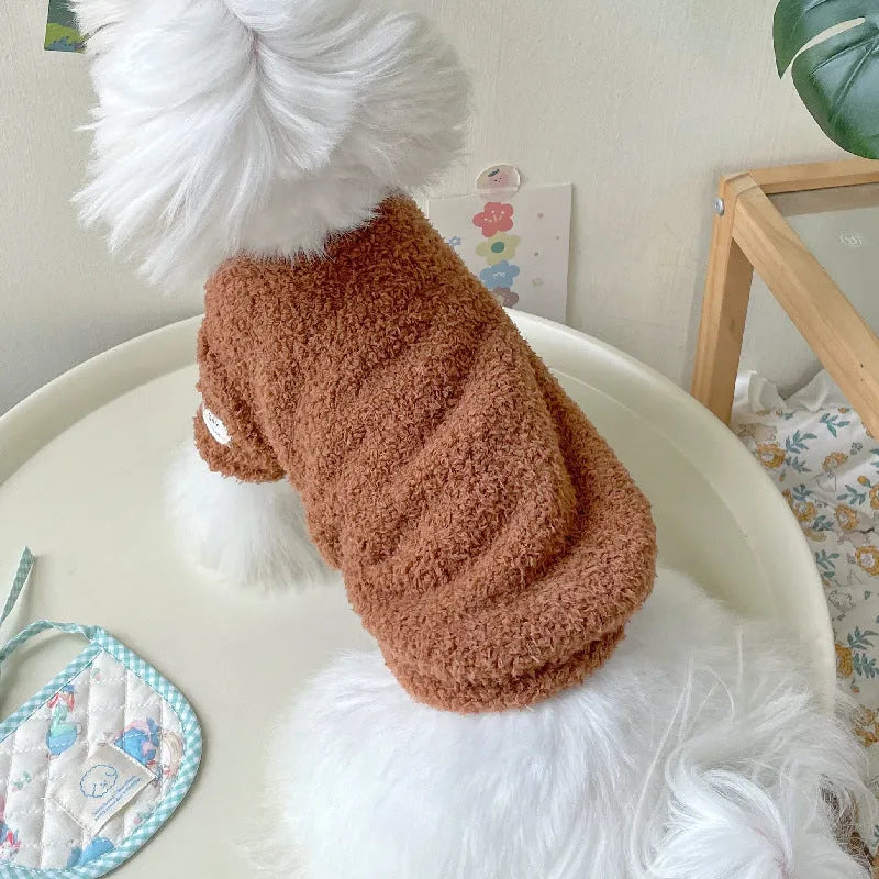 Brown double-sided cloud velvet dog jumper on a mannequin, showing soft texture and fit.