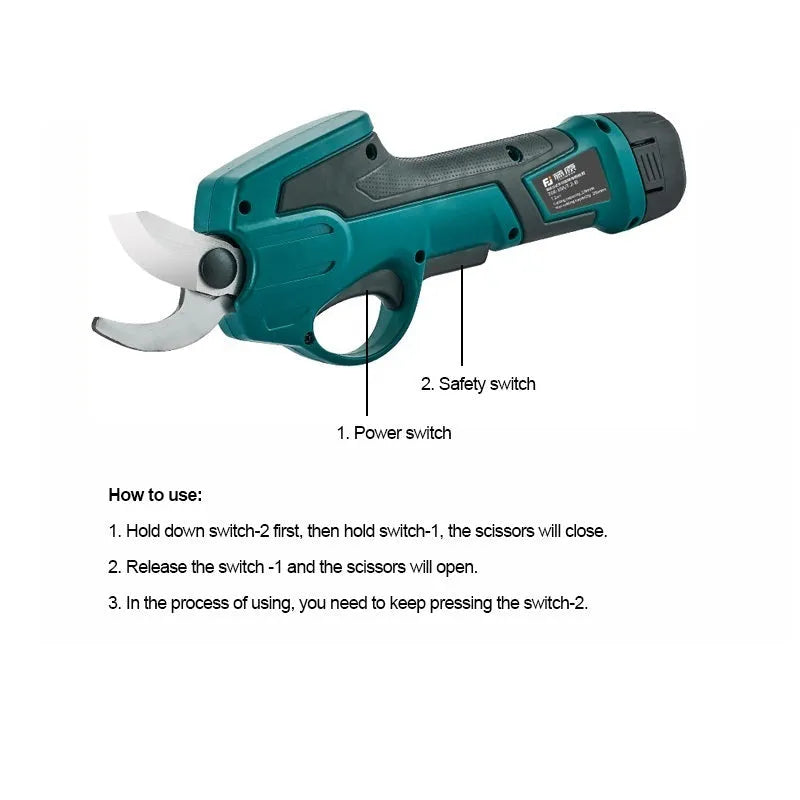 Fruit tree electric pruning scissors with rechargeable 7.2V battery and telescopic extension pole 1.5-2 metres