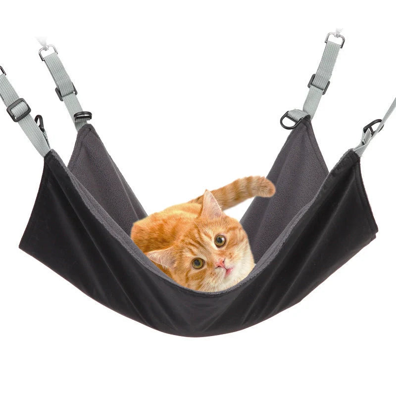 Small cat and dog hanging hammock with plush and waterproof sides in red, blue, and black