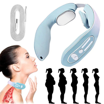 EMS Neck Massager with heat function in gradient blue, showing ergonomic design
