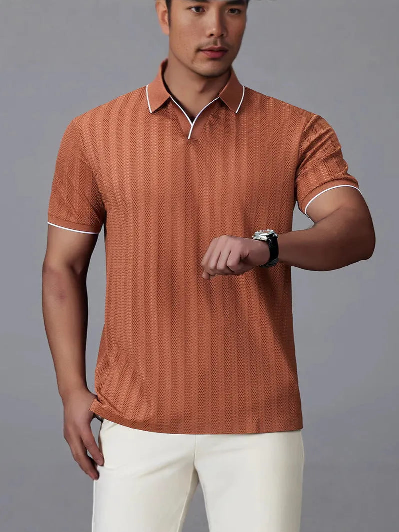 Men's loose-fitting short-sleeved polo shirt in thin nylon ice silk fabric, shown in black colour.