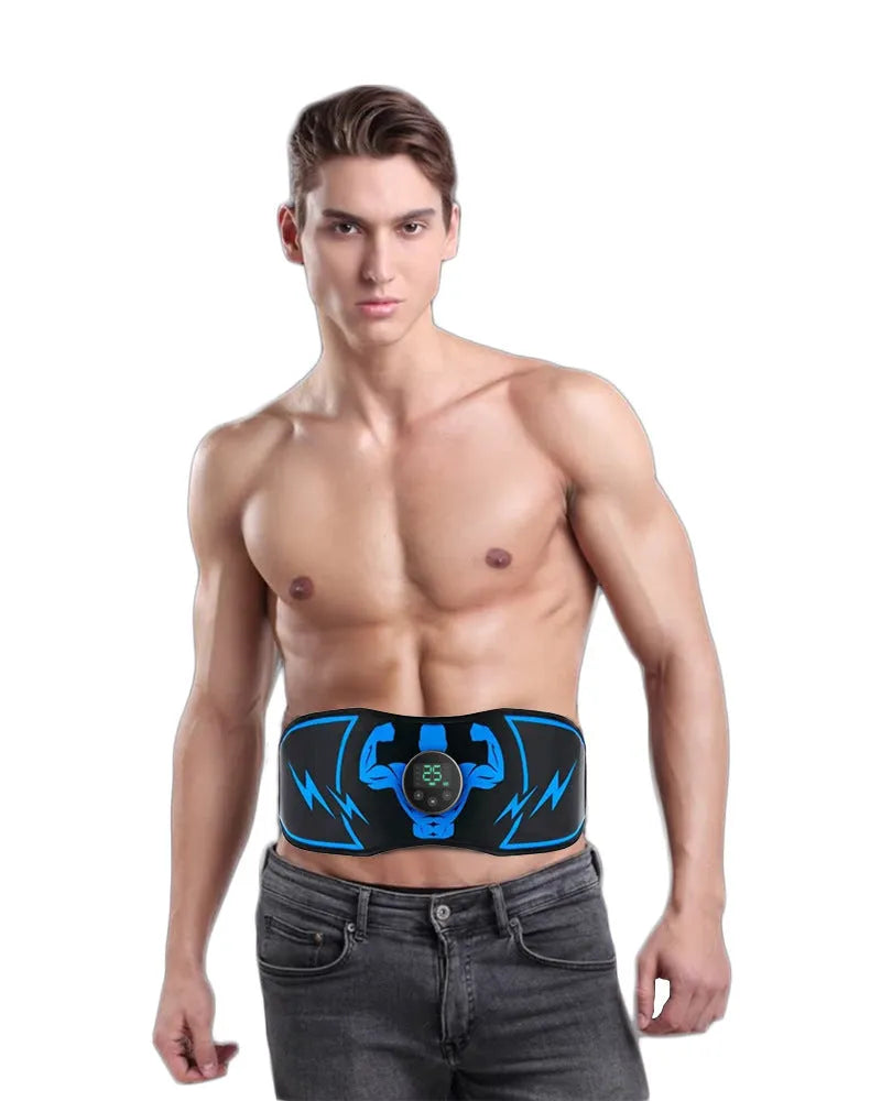 Blue rechargeable EMS abdominal stimulation belt with wireless remote control and arm stickers.