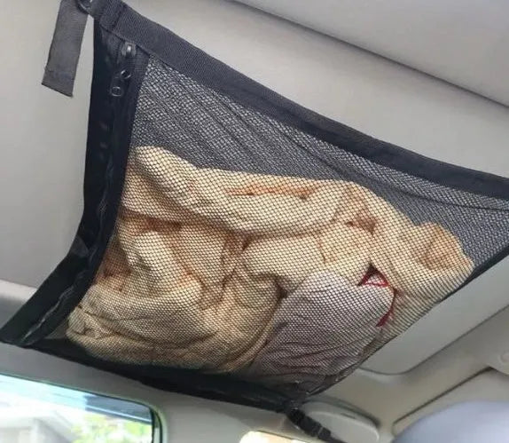 Double-layer mesh hanging car storage bag in black non-woven fabric for overhead console use