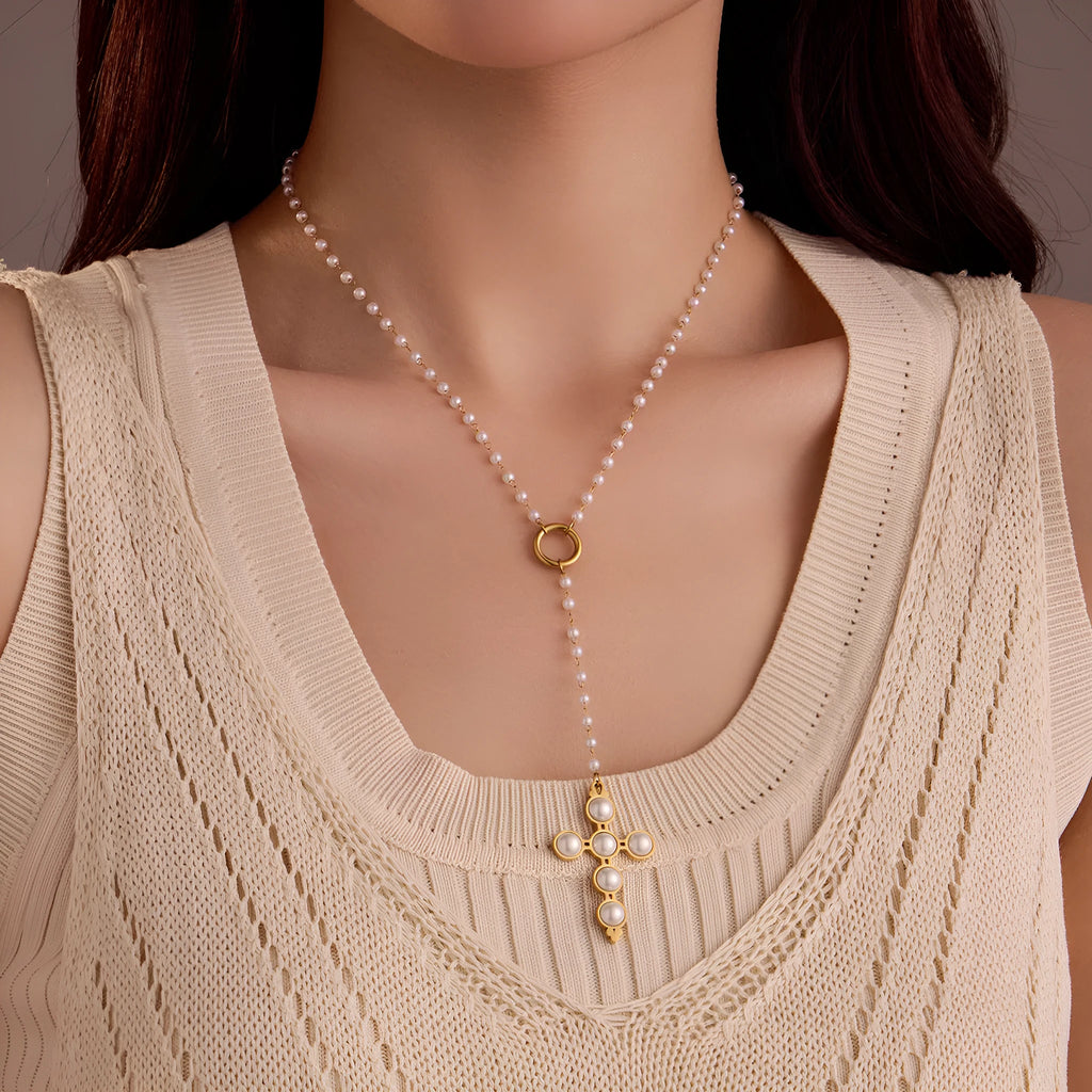 18K electroplated stainless steel cross pendant pearl necklace for women adjustable 41-50cm chain