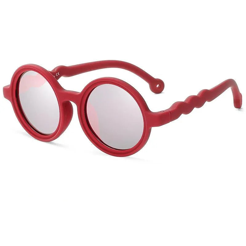 Children's sunglasses with UV400 polarised lens and nylon elastomer frame in seven colours