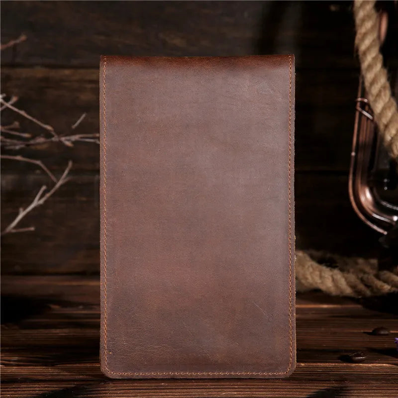 Men's cowhide card wallet with multiple slots shown open, displaying card and phone compartments.