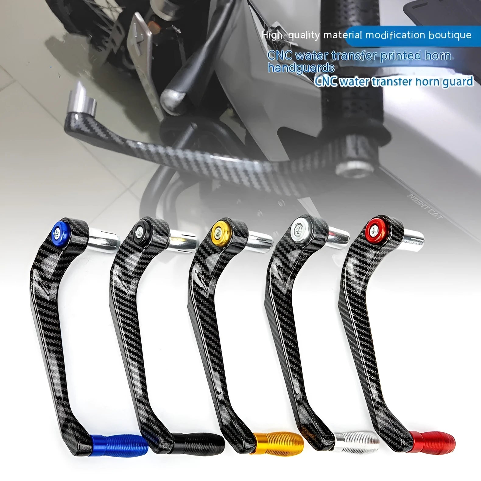Aluminium motorcycle hand guards with water transfer printing in black, red, silver, gold, blue colour options